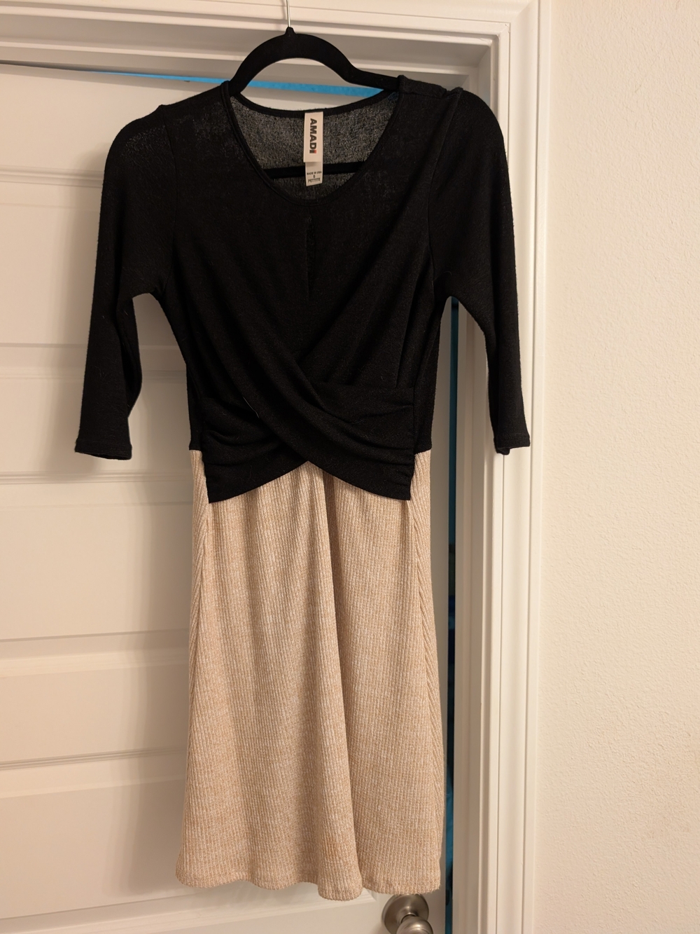 Amadi 3/4 Slv Knit Wrap Midi Dress Black & Cream Small Petite Like New